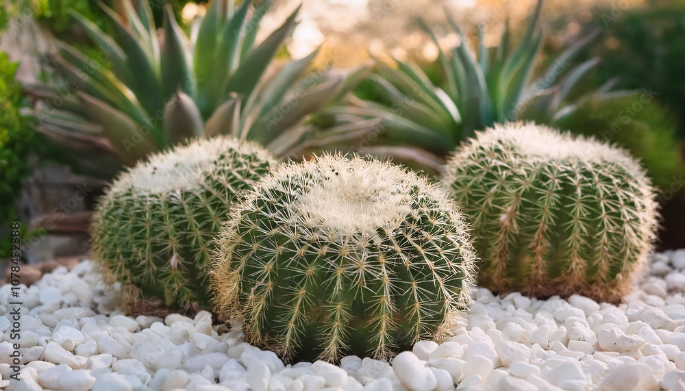 Small green cactus in desert garden, gravel bed, small rocks. Beautiful nature. Succulent plant. Small green cactus in desert garden, gravel bed, small rocks. Beautiful nature. Succulent plant.
