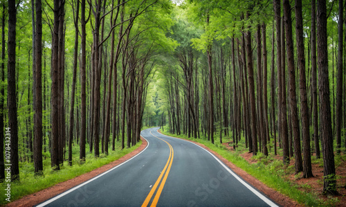 A winding road through a dense forest, with tall trees lining both sides