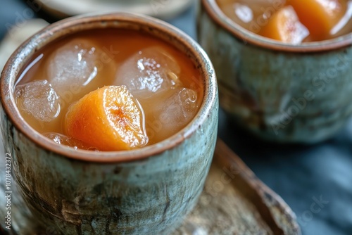 Detailed view of persimmon punch with ice and dried fruit in a ceramic mug South Korea photo