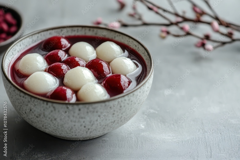 Detailed view of red and white glutinous rice balls in sweet red bean soup set against a gray table for the Winter Solstice celebration Detailed view of red and white glutinous rice balls in sweet red bean soup set against a gray table for the Winter Solstice celebration