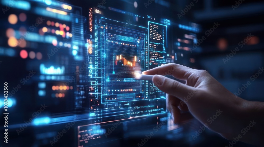 A hand interacts with a holographic interface displaying data and graphs, representing the digital world and technology. A hand interacts with a holographic interface displaying data and graphs, representing the digital world and technology.