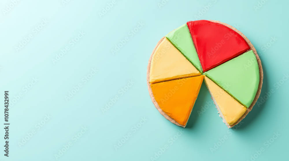 Fototapeta premium Colorful pie chart made of cake slices on mint background