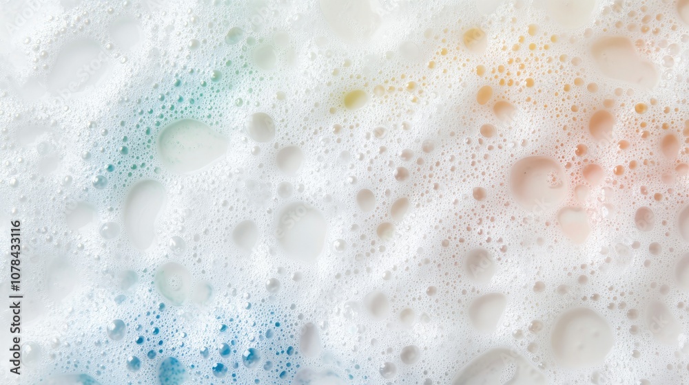 Top view of foamy bubbles on water, capturing the delicate shine and subtle rainbow hues of detergent bubbles Top view of foamy bubbles on water, capturing the delicate shine and subtle rainbow hues of detergent bubbles