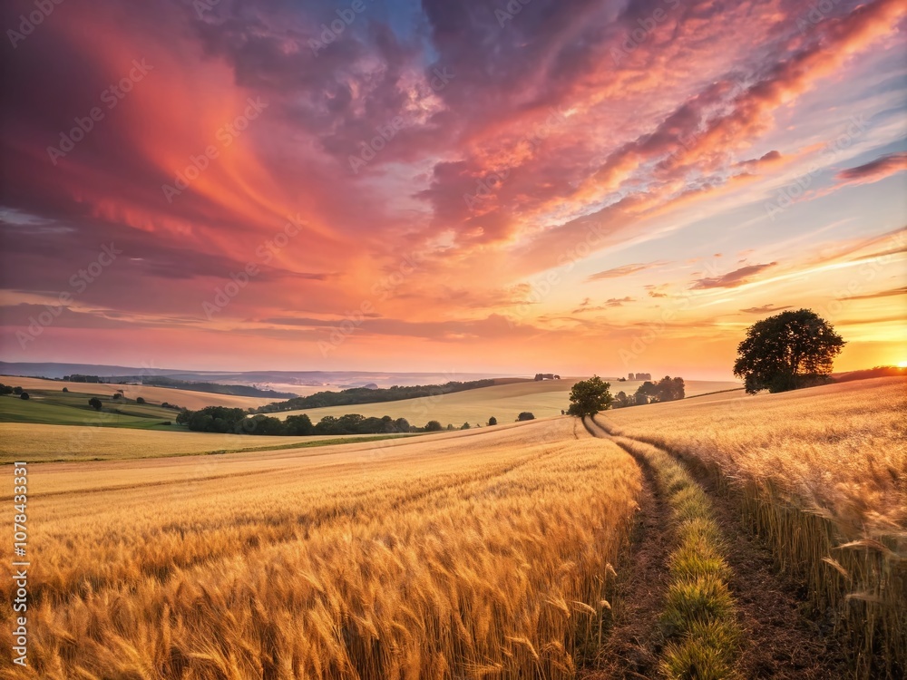 Fototapeta premium Breathtaking Tilt-Shift Photography of a Sunrise Over a Golden Wheat Field with Vibrant Colors and Soft Light Enhancing the Scenic Beauty of Nature at Dawn