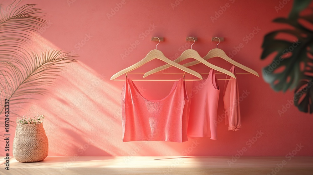 Three pink tank tops hanging on wooden hangers against a pink wall with a potted plant and tropical leaves. Three pink tank tops hanging on wooden hangers against a pink wall with a potted plant and tropical leaves.