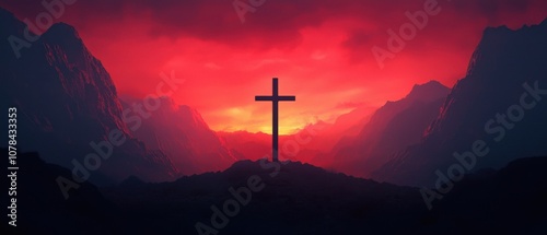 A dramatic sunset behind a cross silhouette, surrounded by mountains, conveying peace and spirituality. photo