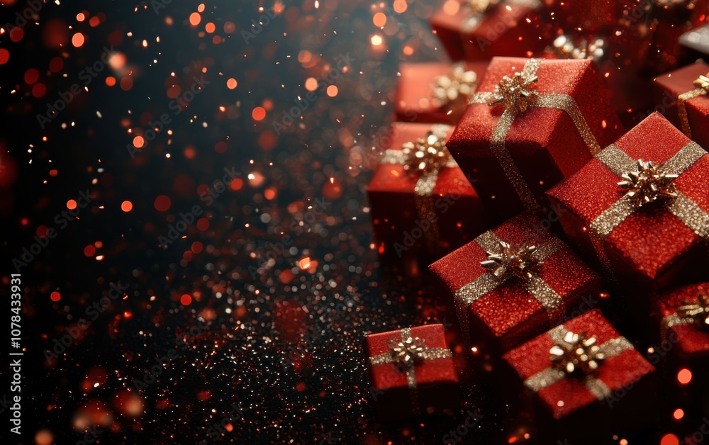 Red Christmas gifts wrapped in gold ribbons are arranged on a dark, glittering surface Red Christmas gifts wrapped in gold ribbons are arranged on a dark, glittering surface