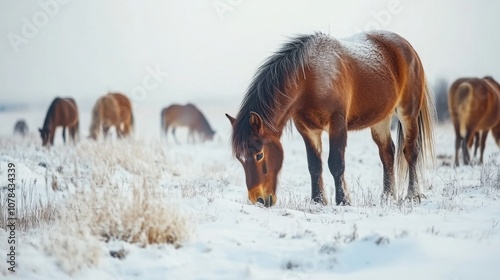 Yakutian horse herd grazing on snowy tundra, strong and adapted to cold, vast winter landscape photo