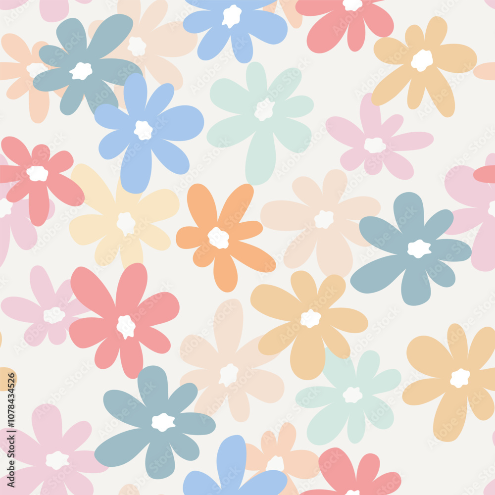 Seamless background with a primitive childish floral pattern. Simple cute large pastel boho flowers. Baby wallpaper, print for banner, postcard, packaging, textile Seamless background with a primitive childish floral pattern. Simple cute large pastel boho flowers. Baby wallpaper, print for banner, postcard, packaging, textile