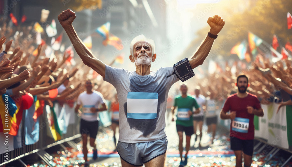 Elderly man triumphantly crossing the marathon finish line with arms raised, embodying resilience Elderly man triumphantly crossing the marathon finish line with arms raised, embodying resilience