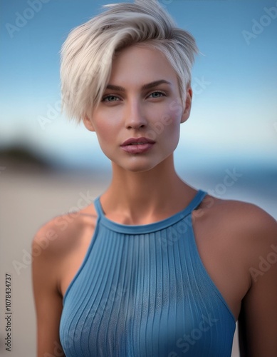 portrait of a blonde woman with short hair wearing a low cut blue top on the beach, fashion photography