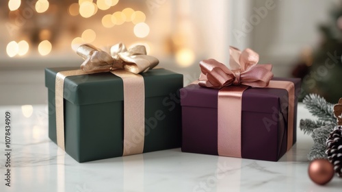 Two elegantly wrapped gifts with bows sit on a table, surrounded by twinkling lights and a cozy festive atmosphere, perfect for the holiday season.