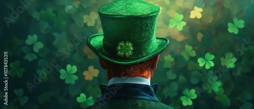 A man in a green top hat surrounded by lush clovers representing luck and celebration.