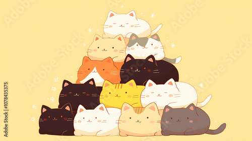 kawaii cat pile on simple color background photo