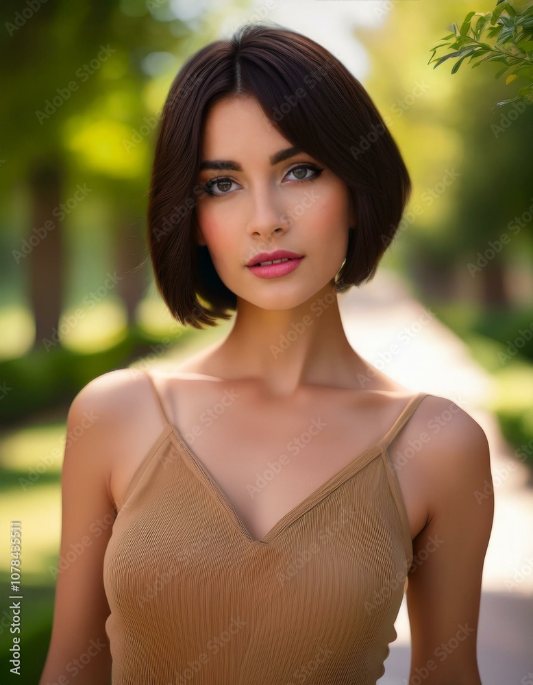 portrait of a brunette woman with short hair wearing a light brown top in the park in summer, fashion photography portrait of a brunette woman with short hair wearing a light brown top in the park in summer, fashion photography