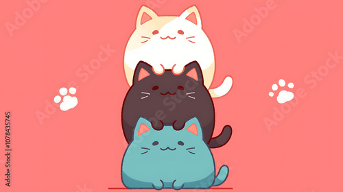 kawaii cat pile on simple color background