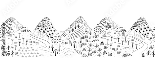 Mountain landscape horizontal seamless doodle pattern drawings of trees, bushes, plants, terraces, fields. Creative abstract simplified hand drawing. 