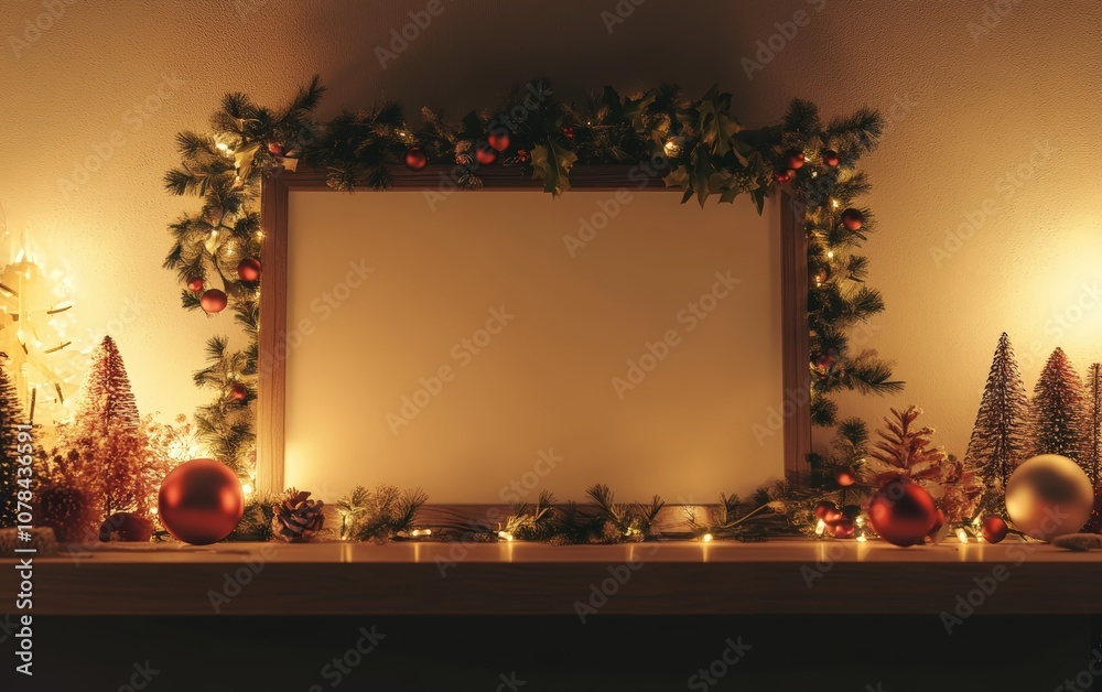 Holiday Photo Frame Mockup A blank frame with a holiday border, set on a shelf with garlands, ornaments, and warm lighting Holiday Photo Frame Mockup A blank frame with a holiday border, set on a shelf with garlands, ornaments, and warm lighting