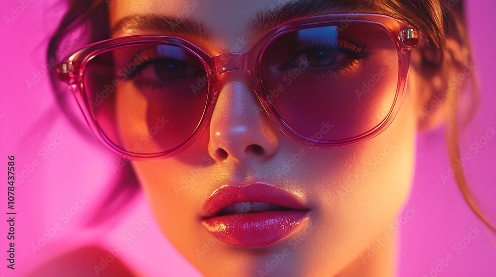 Close-up portrait of a woman wearing pink sunglasses against a vibrant pink backdrop.