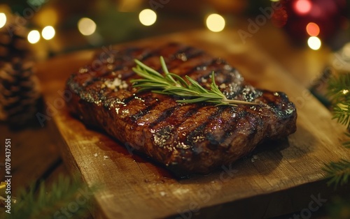 Holiday Grilled Lamb Chops Succulent lamb chops with a smoky char, served with rosemary and thyme, set on a wooden board with holiday ornaments  photo