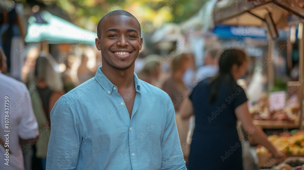 Fototapeta premium Young smiling politician with medium dark skin exploring vibrant outdoor market
