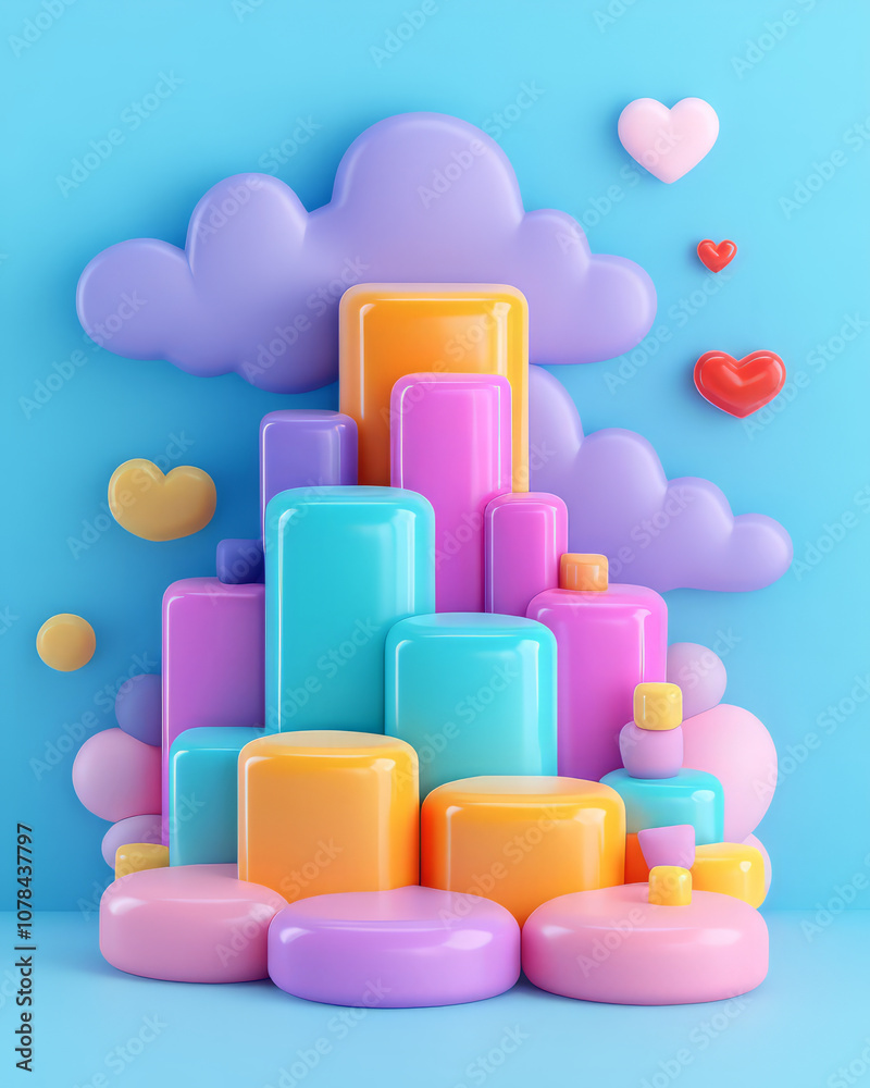 Colorful abstract shapes create playful scene with hearts and clouds Colorful abstract shapes create playful scene with hearts and clouds