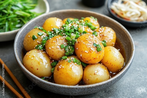 Gamja Jorim is a Korean soy simmered potato side dish photo