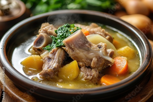 Gamjatang is a soup featuring pork neck bones and vegetables presented in a dish on the table Vertical