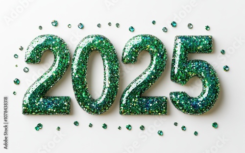 green gemstones and glitter: 3D text "2025" embedded with green gemstones and glitter, rich holiday light, white background 