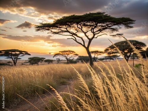Captivating African Savanna Landscape with Bokeh Effect - A Serene Background of Nature’s Beauty, Ideal for Wildlife Themes, Travel Inspiration, and Scenic Exploration