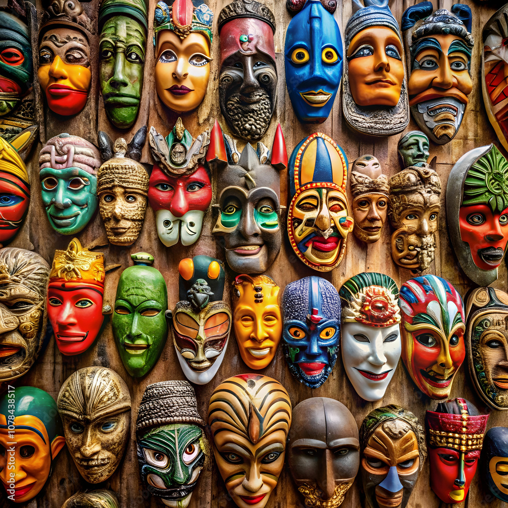 A wall adorned with diverse cultural masks, each uniquely representing different traditions A wall adorned with diverse cultural masks, each uniquely representing different traditions