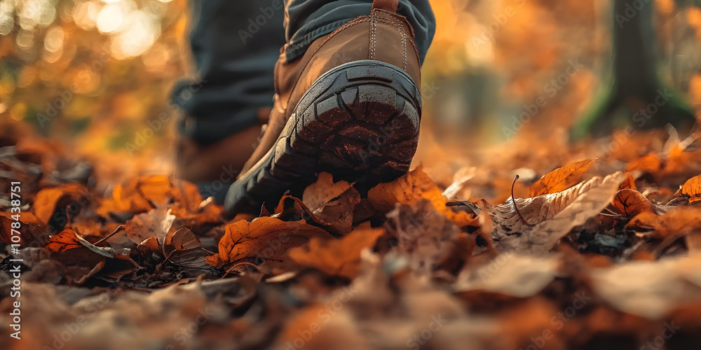 A close-up of a boots crunching through fallen leaves during a late autumn walk A close-up of a boots crunching through fallen leaves during a late autumn walk