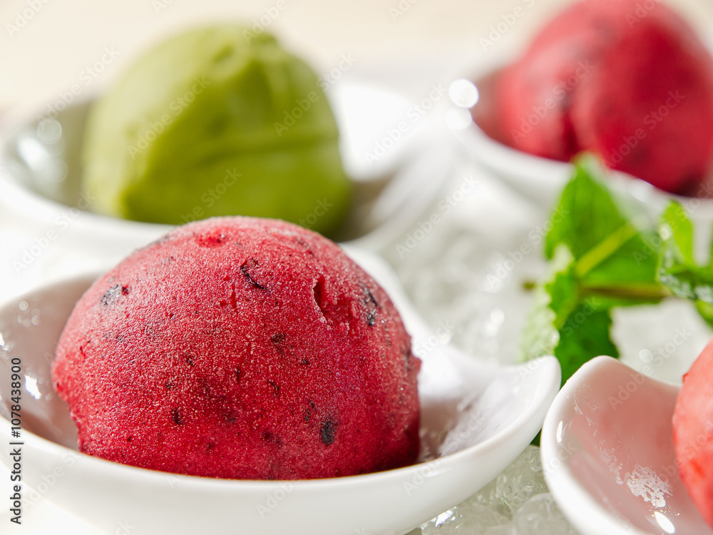 mix of fruit sorbet bowl, close up horizontal photo mix of fruit sorbet bowl, close up horizontal photo