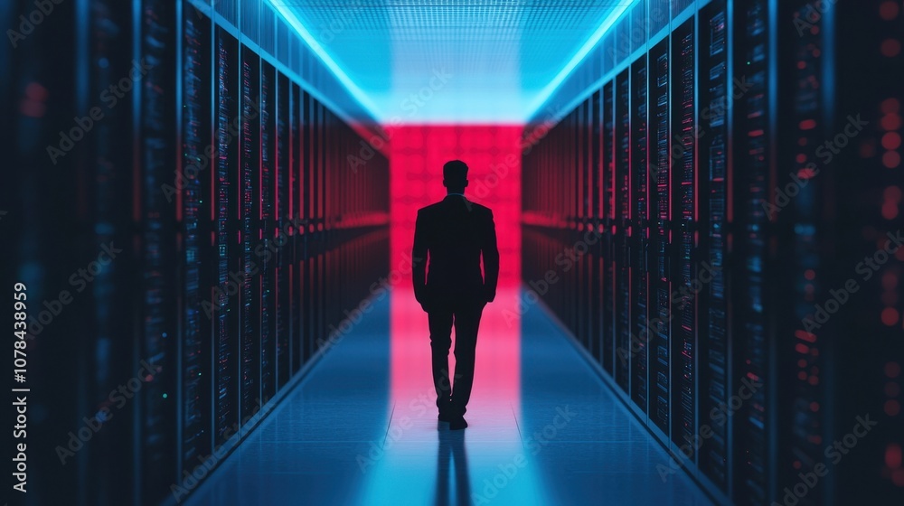A silhouette of a person walking through a modern data center with vibrant blue and red lights. A silhouette of a person walking through a modern data center with vibrant blue and red lights.