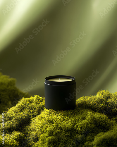 black candle jar placed on a mossy surface within a vibrant, natural forest backdrop. The candle jar, with its sleek and minimalist design, stands out against the rich green foliage  photo