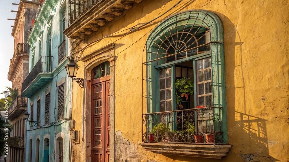 Fototapeta premium Captivating Architectural Photography of an Old Window in Havana, Showcasing Weathered Textures, Vibrant Colors, and the Unique Charm of Historic Cuban Architecture