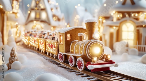 Gingerbread train with icing details surrounded by Christmas cookies and festive decorations photo