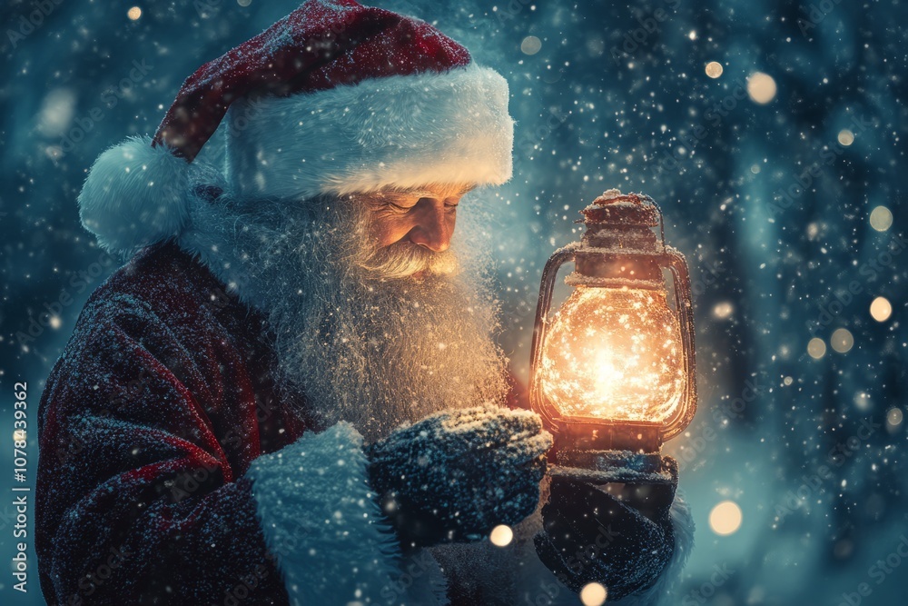 Santa claus holding a glowing lantern in a snowy forest at night, creating a magical christmas atmosphere

