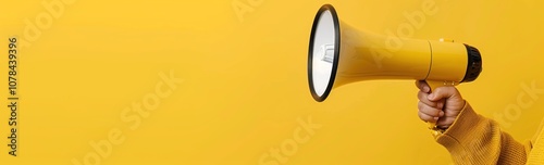 Yellow Megaphone Held in Hand Against Yellow Background