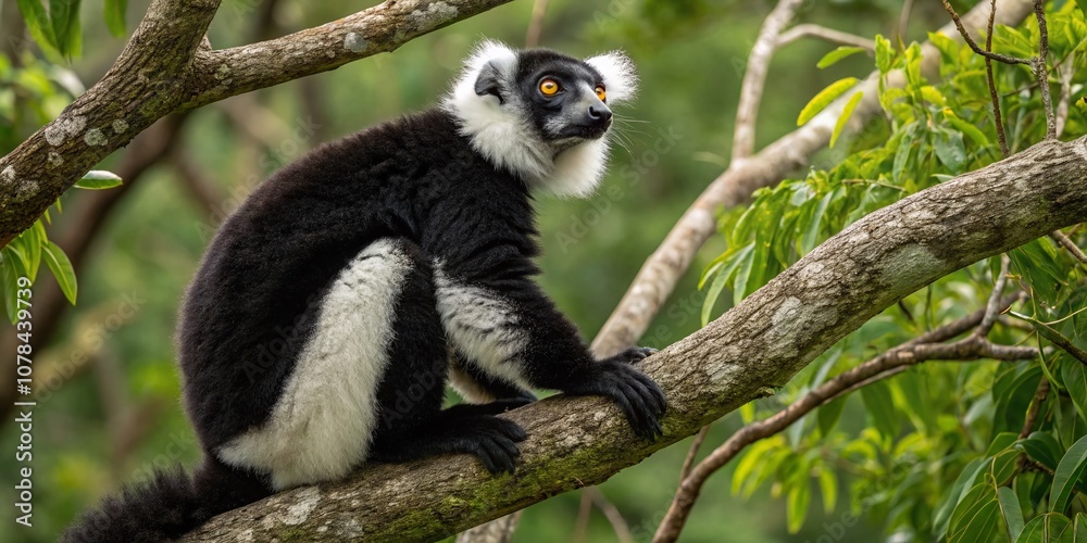 Fototapeta premium Captivating Black Lemur Male Perched on a Tree Branch in Its Natural Habitat, Showcasing Its Unique Features and Striking Appearance for Wildlife Enthusiasts and Nature Lovers