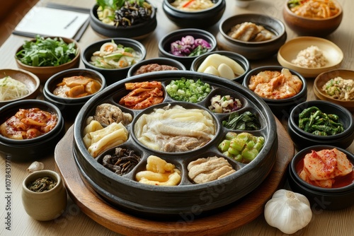 Ginseng chicken soup with mulberries and nurungji served in an earthen pot as a Korean health dish with sides