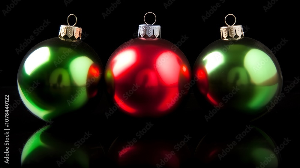 Three Christmas Ornaments, Green and Red, on a Black Background Three Christmas Ornaments, Green and Red, on a Black Background