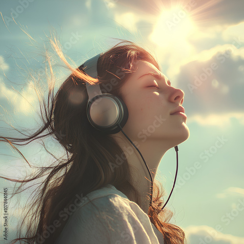 A young woman with headphones, eyes closed, enjoying music as the wind blows through her hair under a blue sky