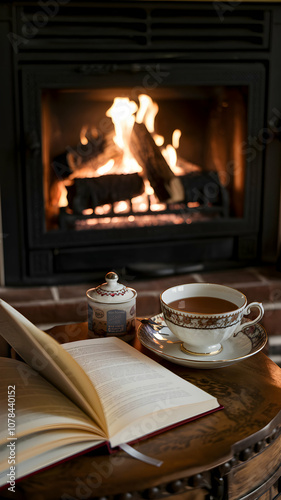 Cozy fireplace setting with open book, teacup, and warm glow Vertical Mobile Wallpaper
