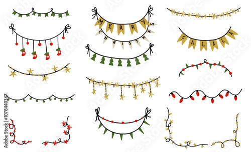 Hand drawn vector cartoon christmas new year garland lightbulb bunting pennant string sparkling doodle 