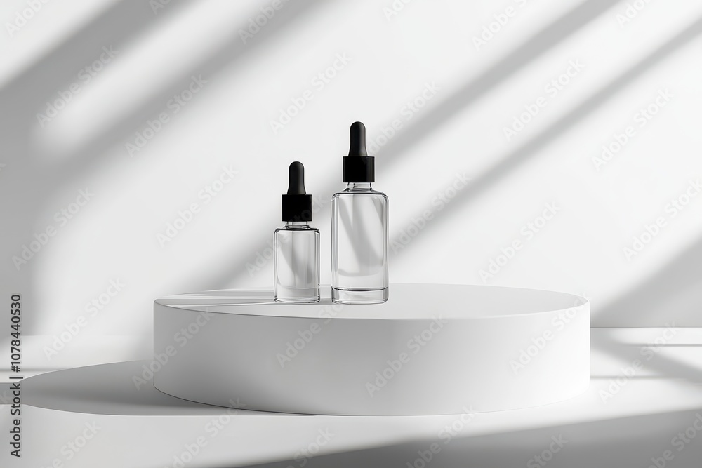 Glass dropper bottles of beauty serum on display Hyaluronic acid collagen and peptides skin care formula Brand mockup with elegant props Glass dropper bottles of beauty serum on display Hyaluronic acid collagen and peptides skin care formula Brand mockup with elegant props