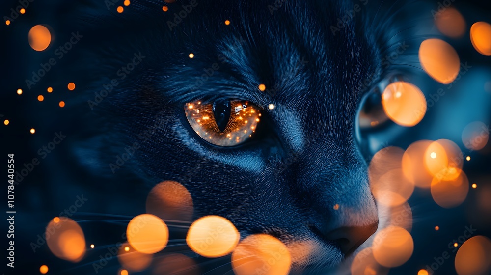 Fototapeta premium Close-up of a cat's eyes with bokeh lights in the background, creating an enchanting and mysterious atmosphere