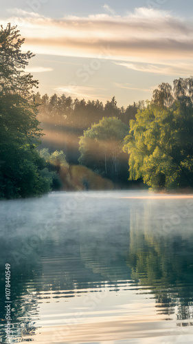 Tranquil lake at sunrise, mist rising with soft golden light on trees Vertical Mobile Wallpaper photo