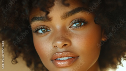 Close-up portrait of a young woman with beautiful brown eyes and curly hair, looking directly at the camera with a soft smile.