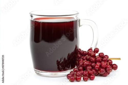 Glass mug of schisandra berry juice on white background